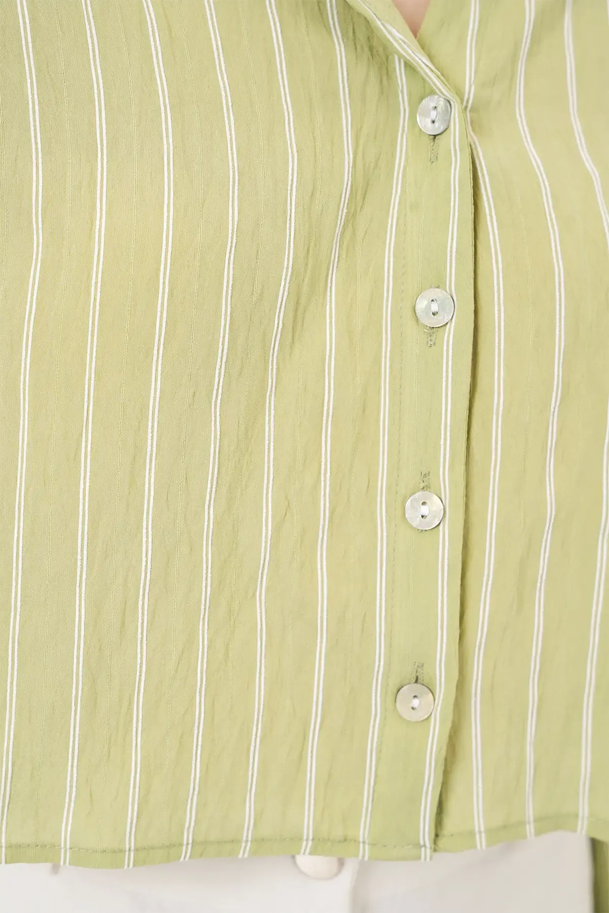 Kadın Çizgili Oversize Kısa Gömlek 20326 - E.Yeşil