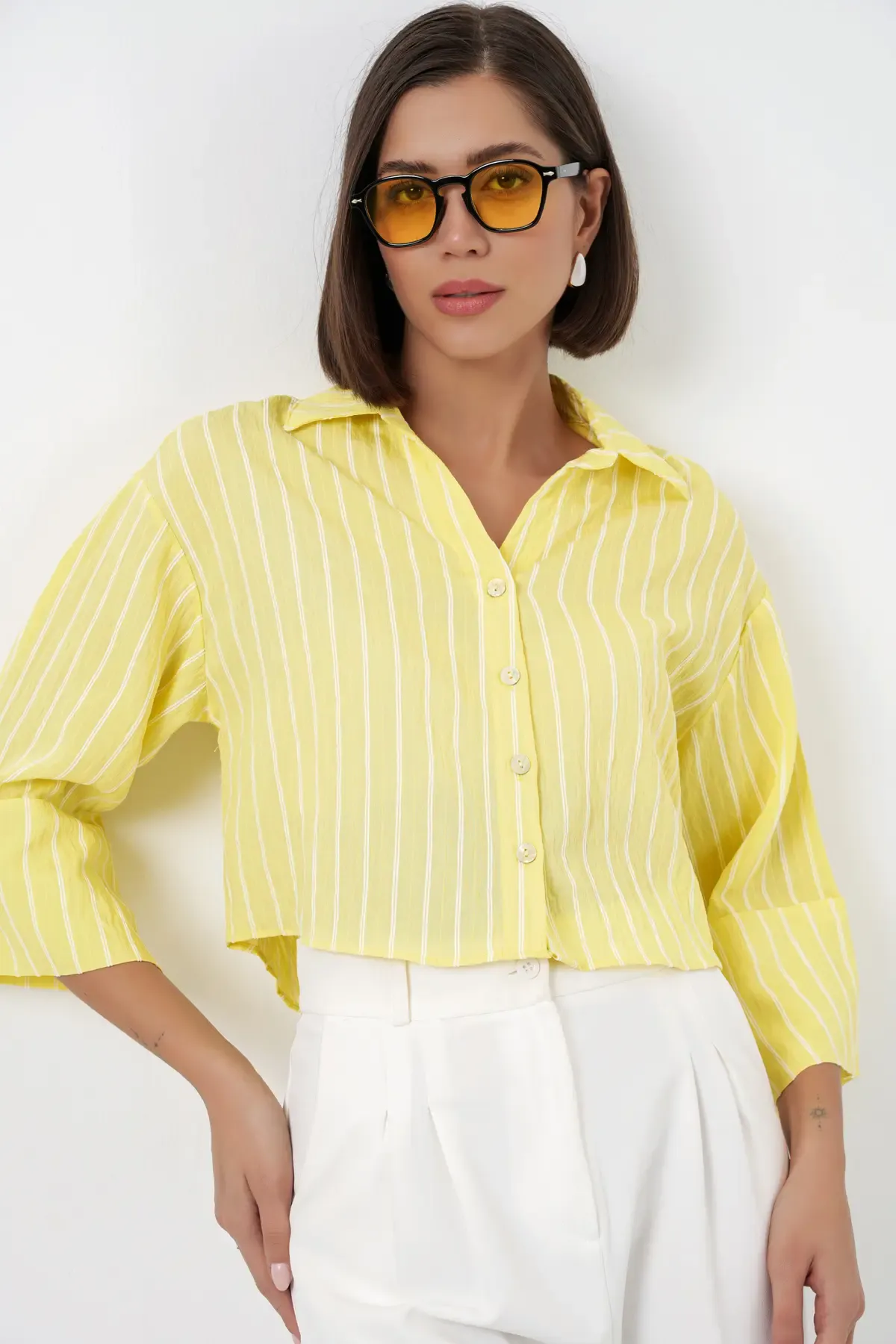 Kadın Çizgili Oversize Kısa Gömlek 20326 - Sarı