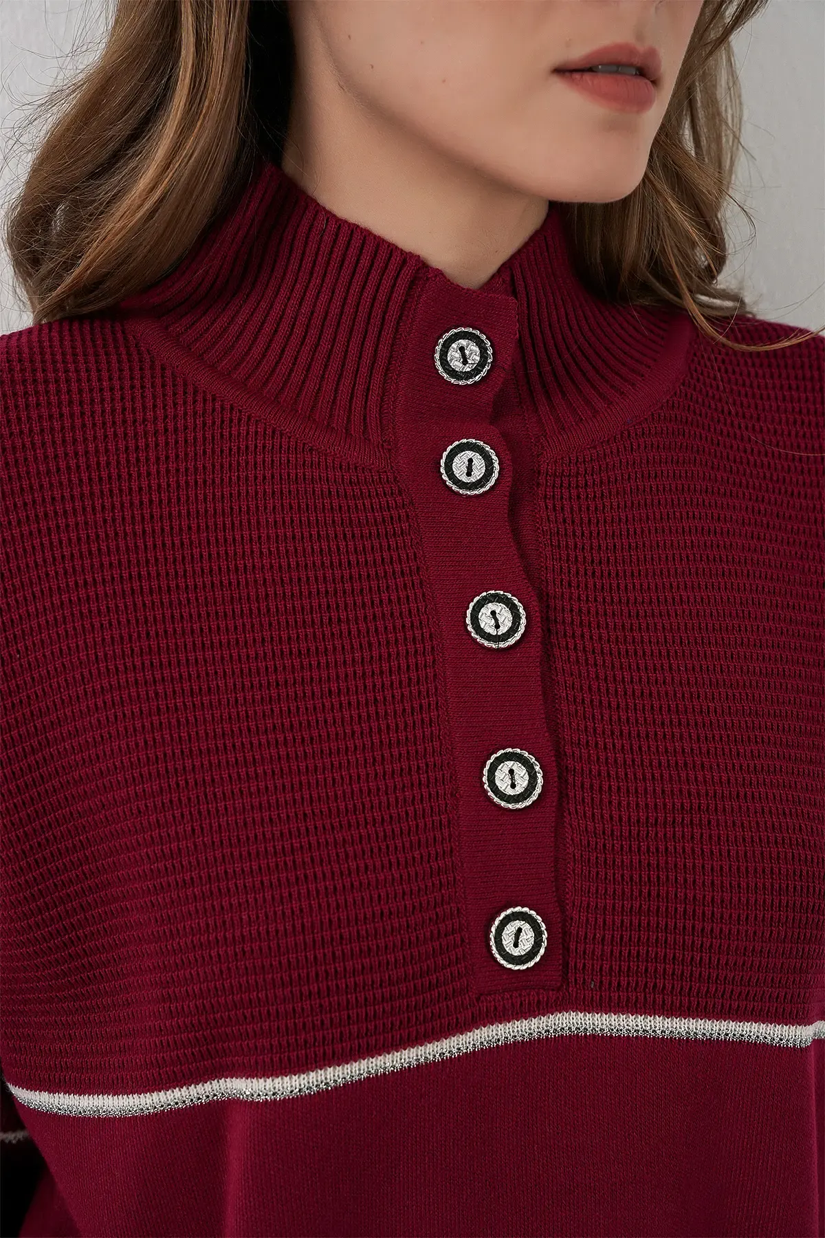 Kadın Çizgili Oversize Triko İkili Takım 15957 - Bordo