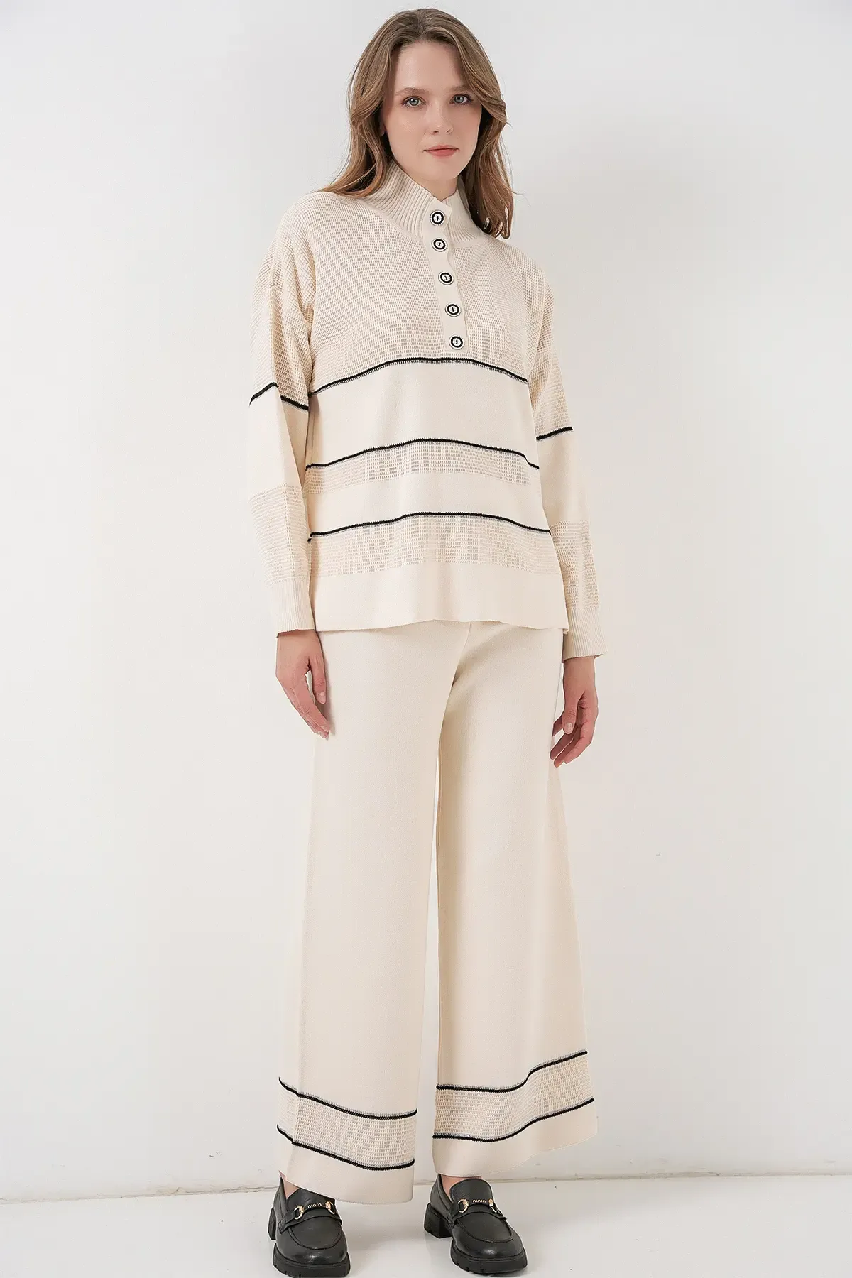 Kadın Çizgili Oversize Triko İkili Takım 15957 - Ekru