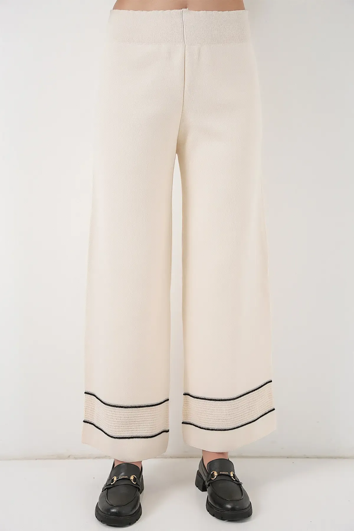 Kadın Çizgili Oversize Triko İkili Takım 15957 - Ekru