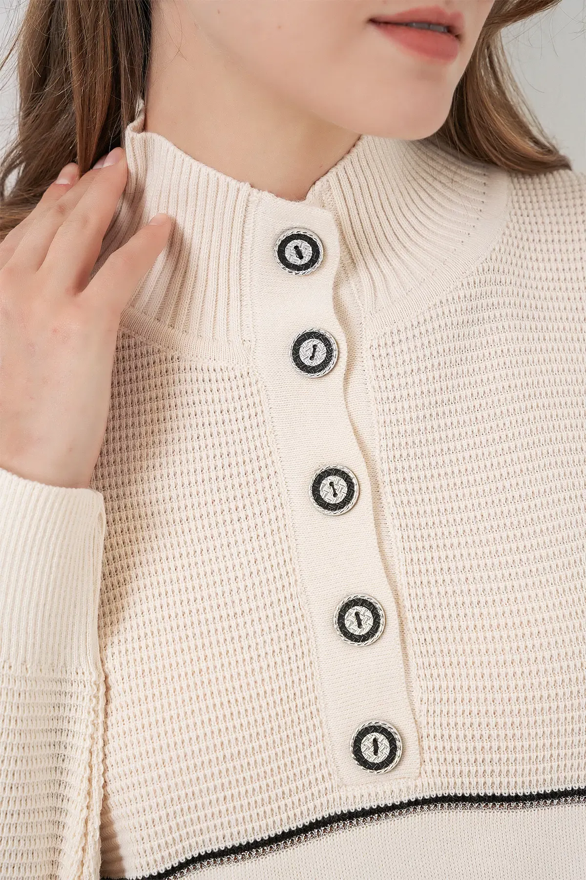 Kadın Çizgili Oversize Triko İkili Takım 15957 - Ekru