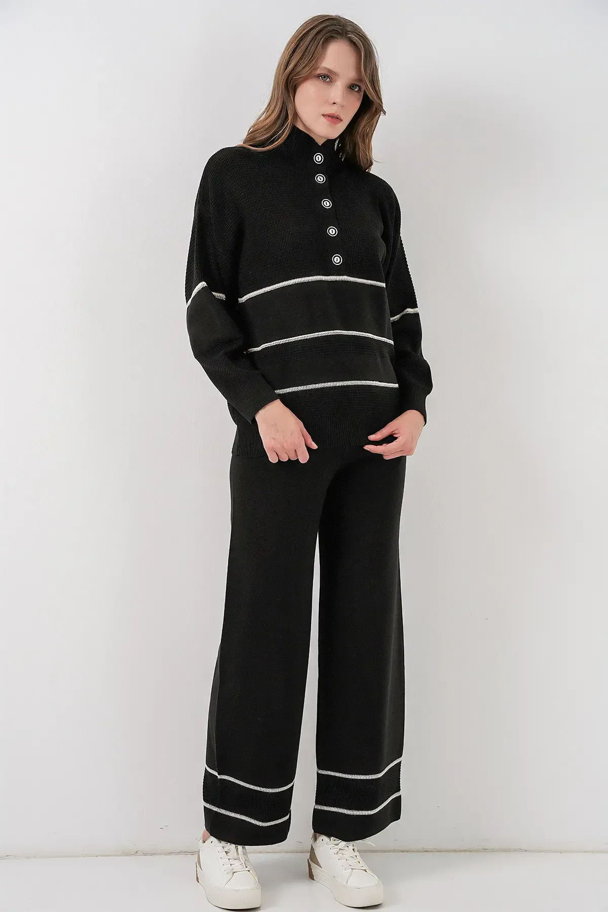 Kadın Çizgili Oversize Triko İkili Takım 15957 - Siyah