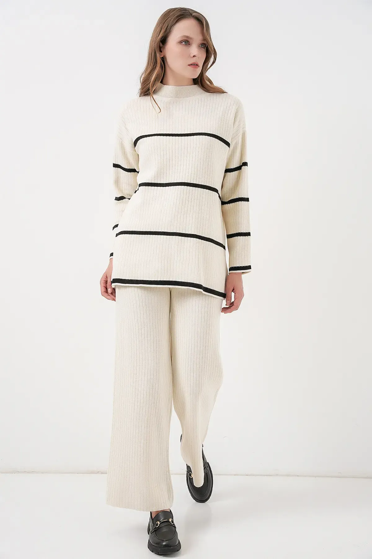 Kadın Çizgili Oversize Triko İkili Takım 15959 - Ekru