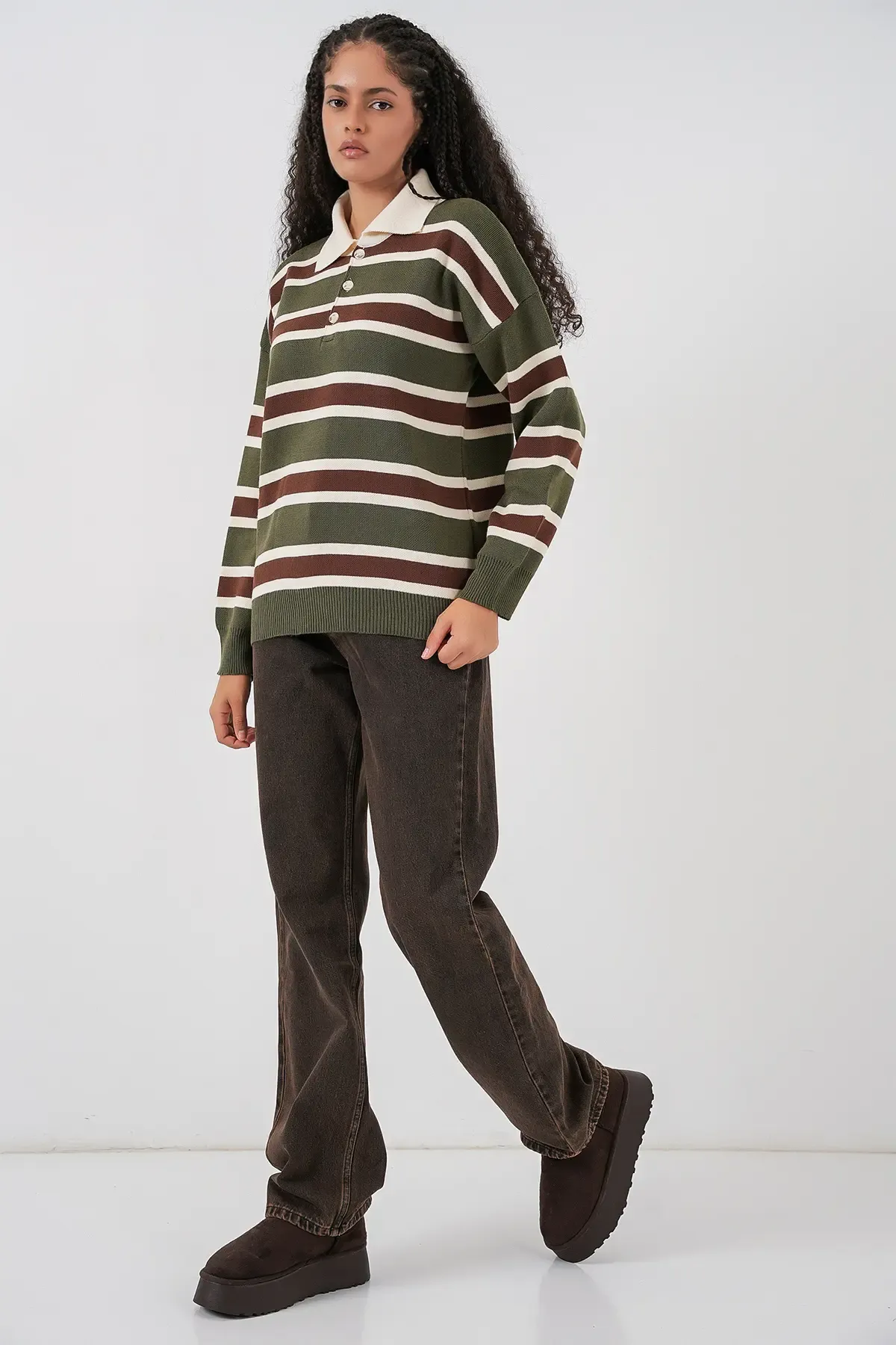 Kadın Çizgili Polo Yaka Triko Kazak 15952 - Haki