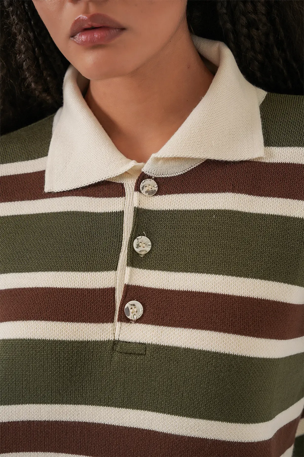 Kadın Çizgili Polo Yaka Triko Kazak 15952 - Haki