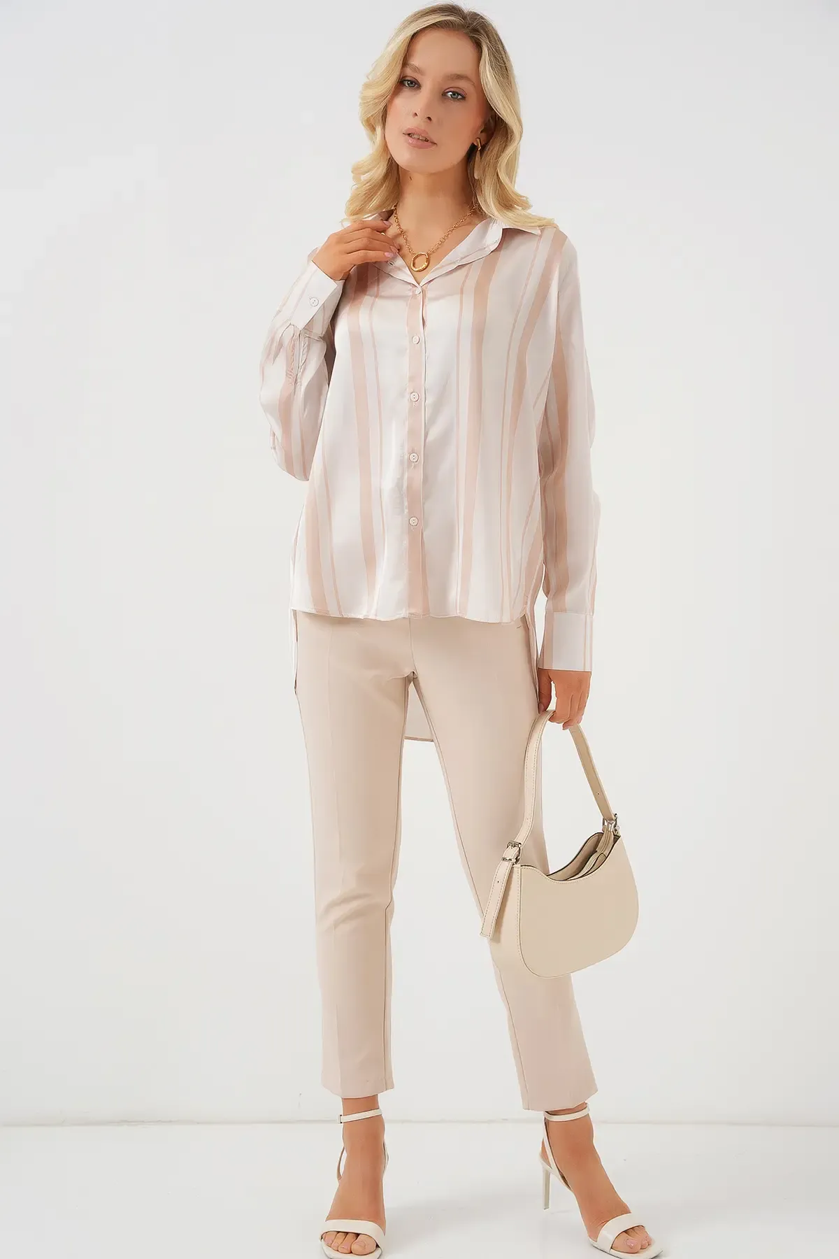 Kadın Çizgili Uzun Saten Gömlek 20291 - Bej