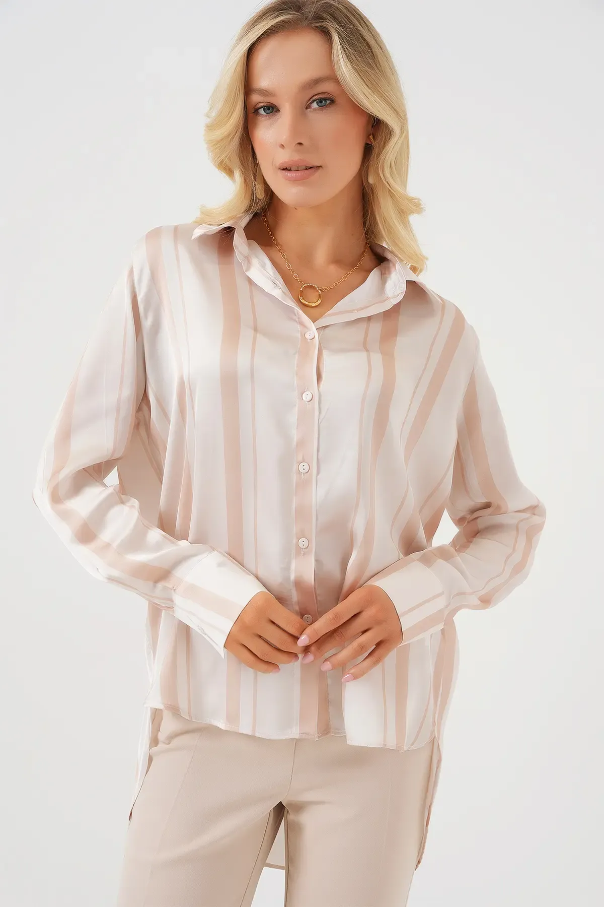 Kadın Çizgili Uzun Saten Gömlek 20291 - Bej
