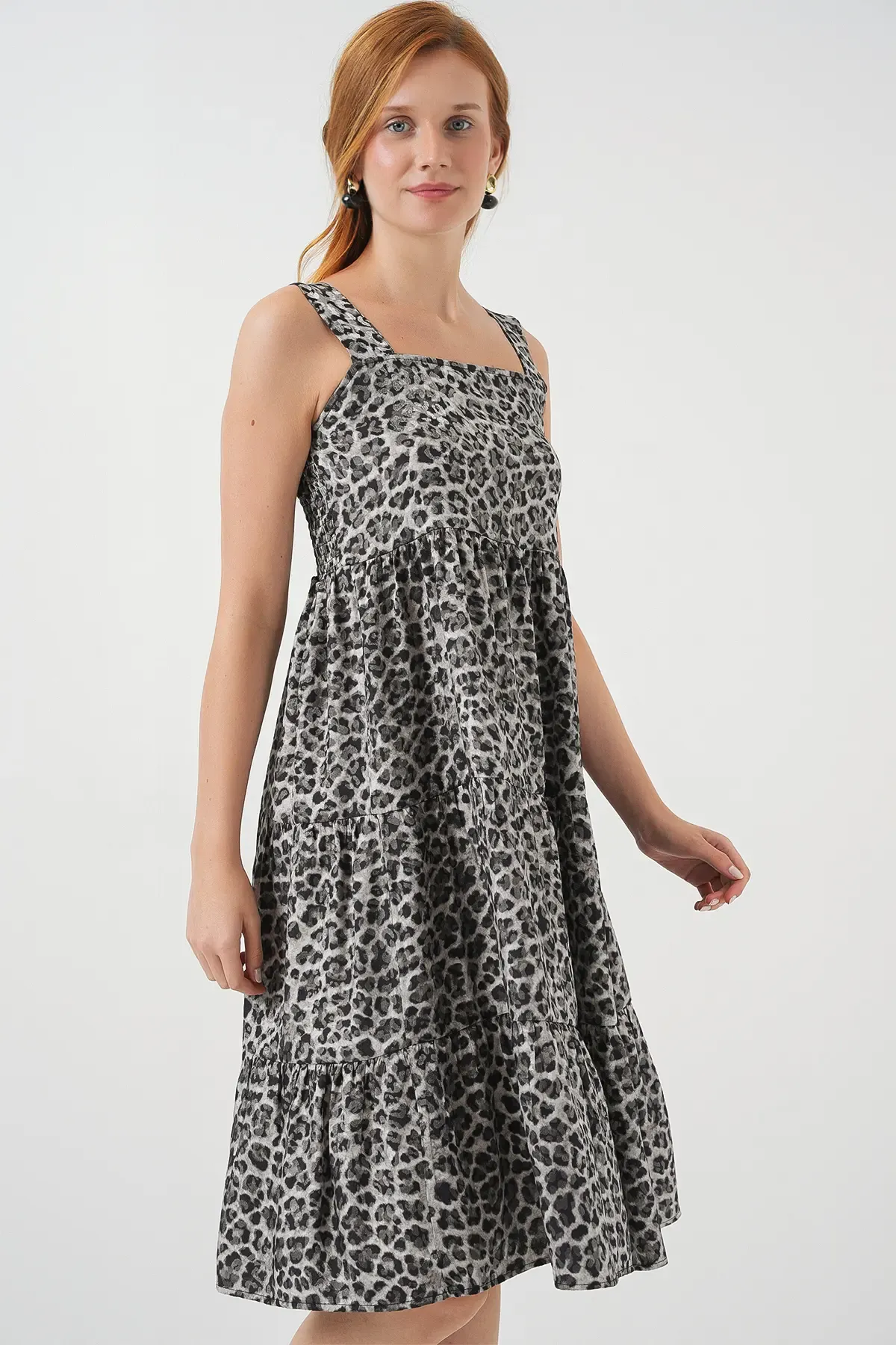 Kadın Desenli Askılı Midi Elbise 2577 - Antrasit