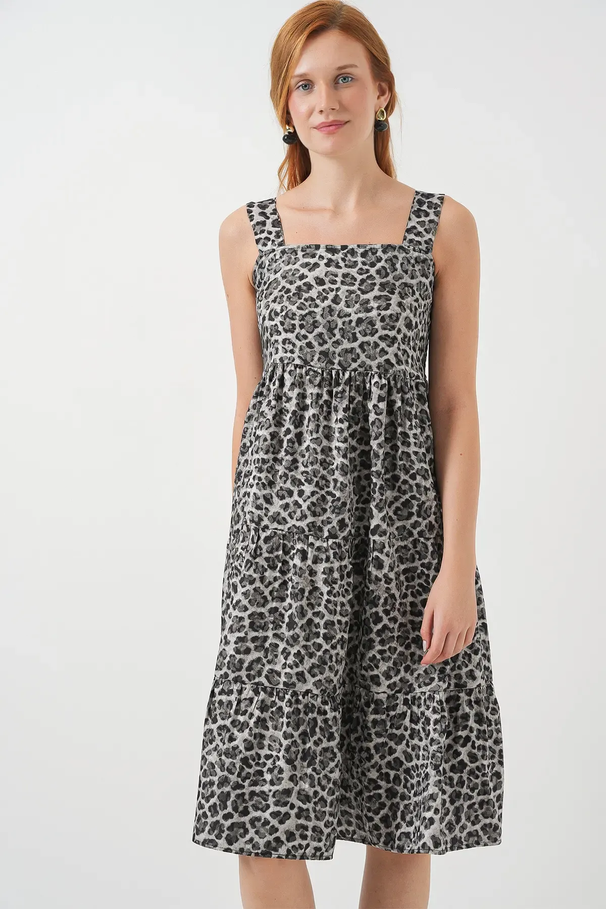 Kadın Desenli Askılı Midi Elbise 2577 - Antrasit