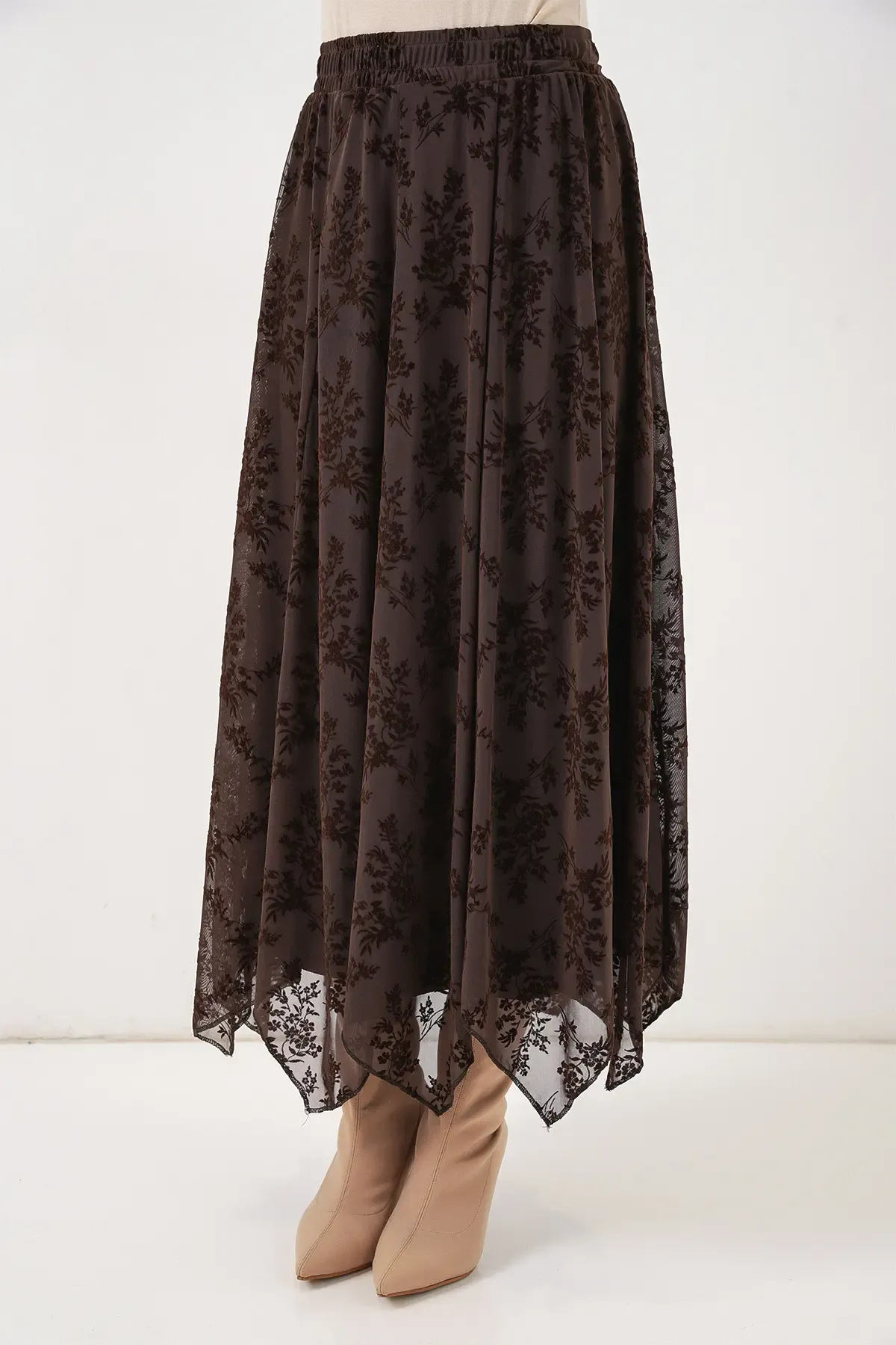 Kadın Desenli Astarlı Etek 8059 - Kahverengi