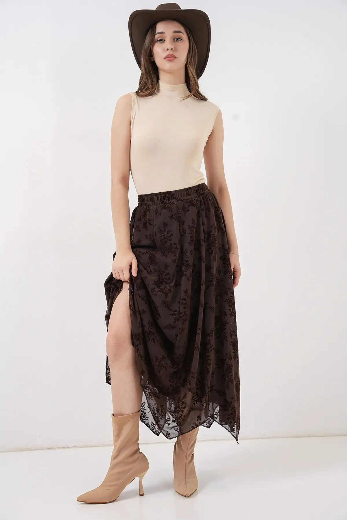 Kadın Desenli Astarlı Etek 8059 - Kahverengi