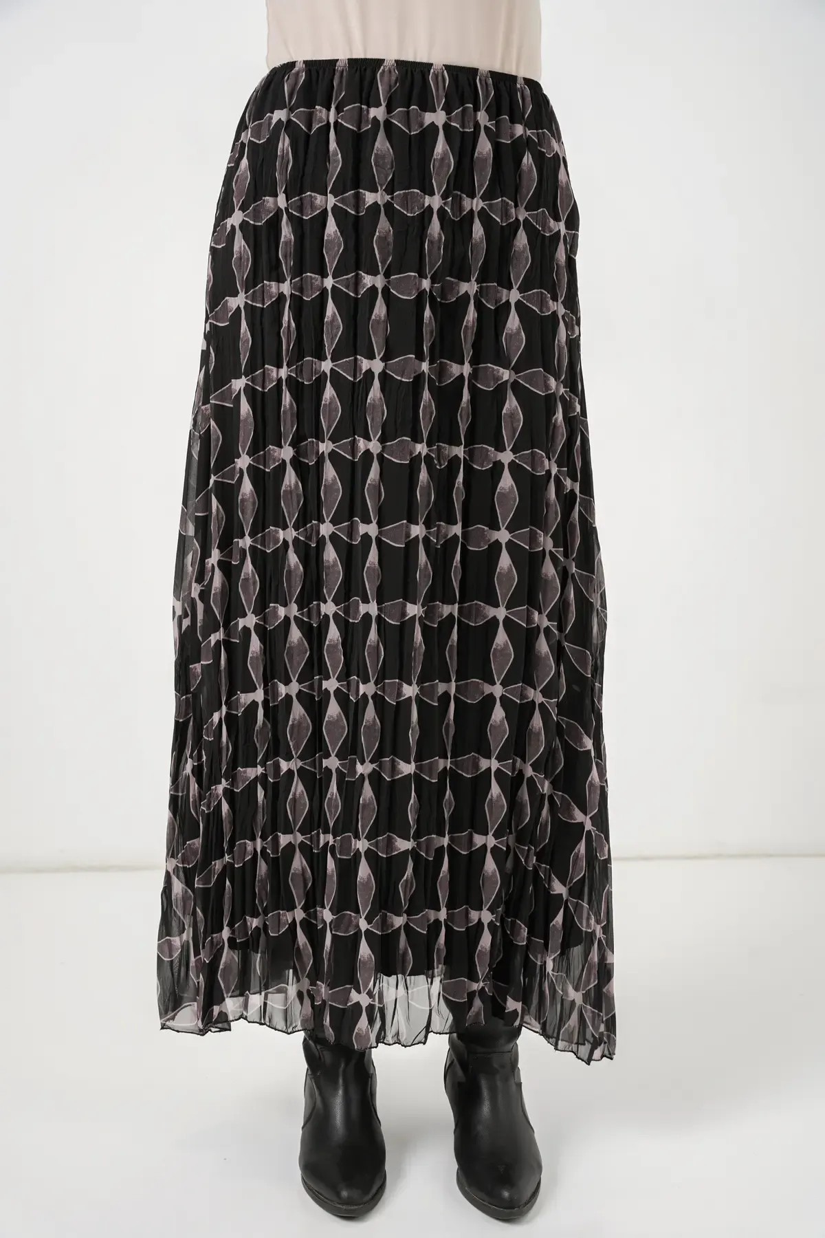 Kadın Desenli Astarlı Şifon Etek 8058 - Siyah