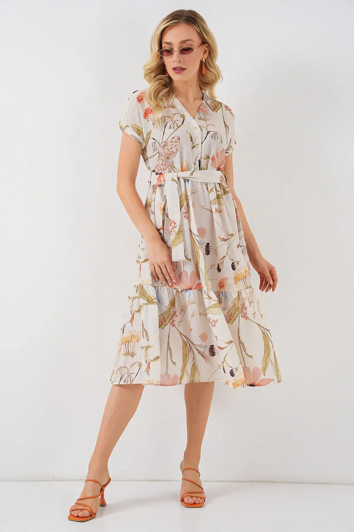 Kadın Desenli Kısa Kol Elbise 2558 - Krem