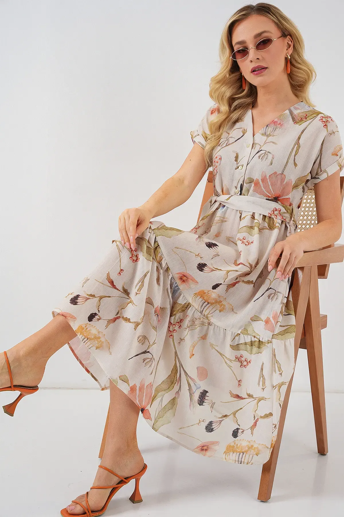 Kadın Desenli Kısa Kol Elbise 2558 - Krem