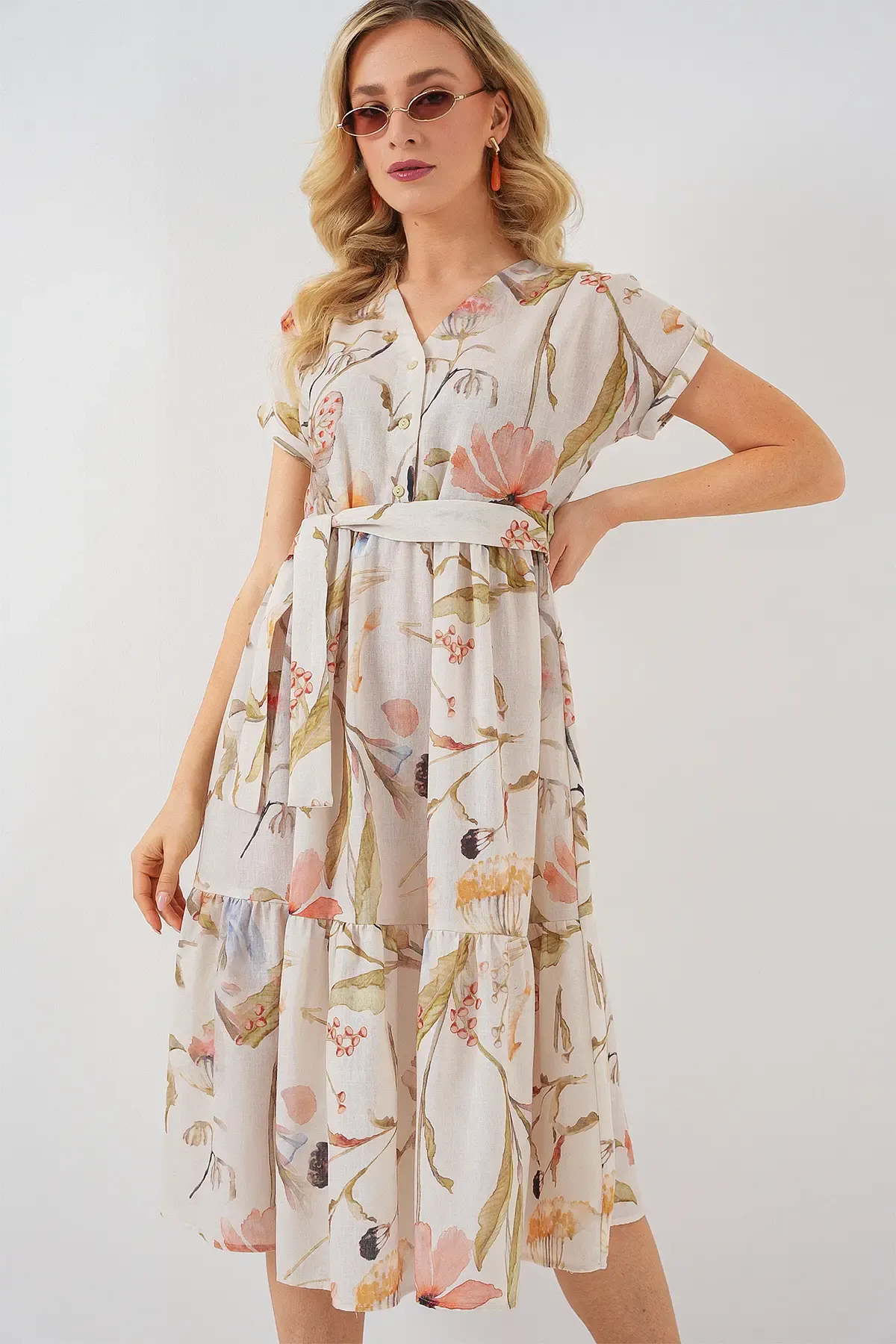 Kadın Desenli Kısa Kol Elbise 2558 - Krem