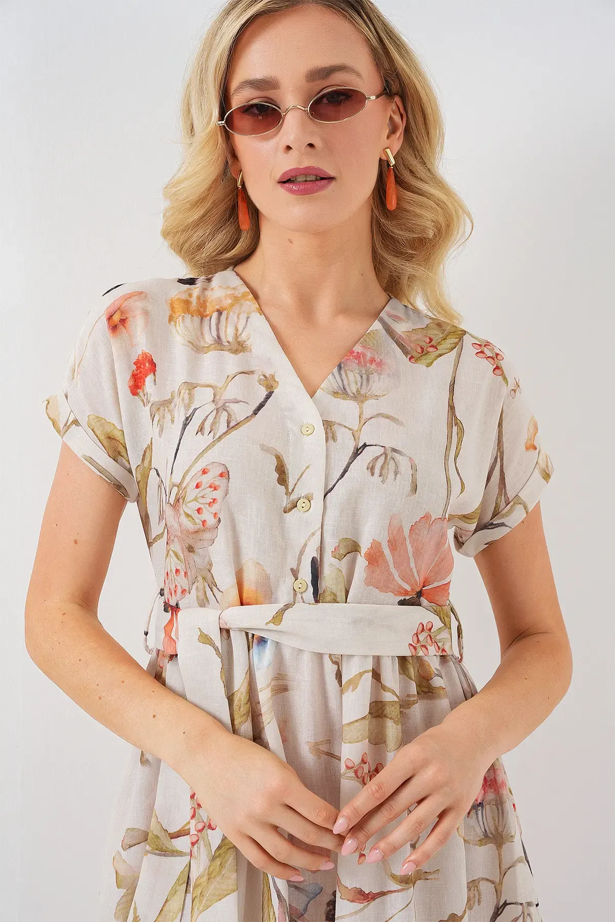 Kadın Desenli Kısa Kol Elbise 2558 - Krem