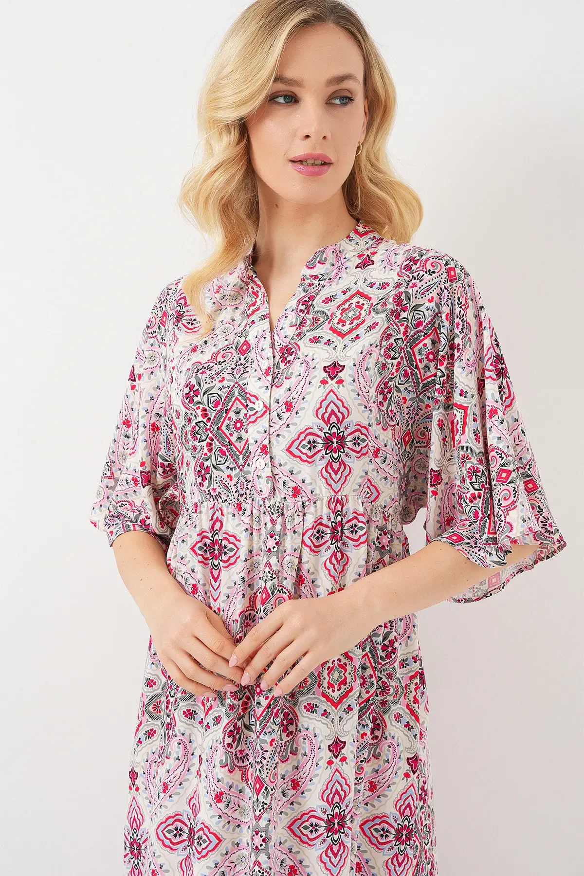 Kadın Desenli Kısa Kol Elbise 2562 - Kırmızı