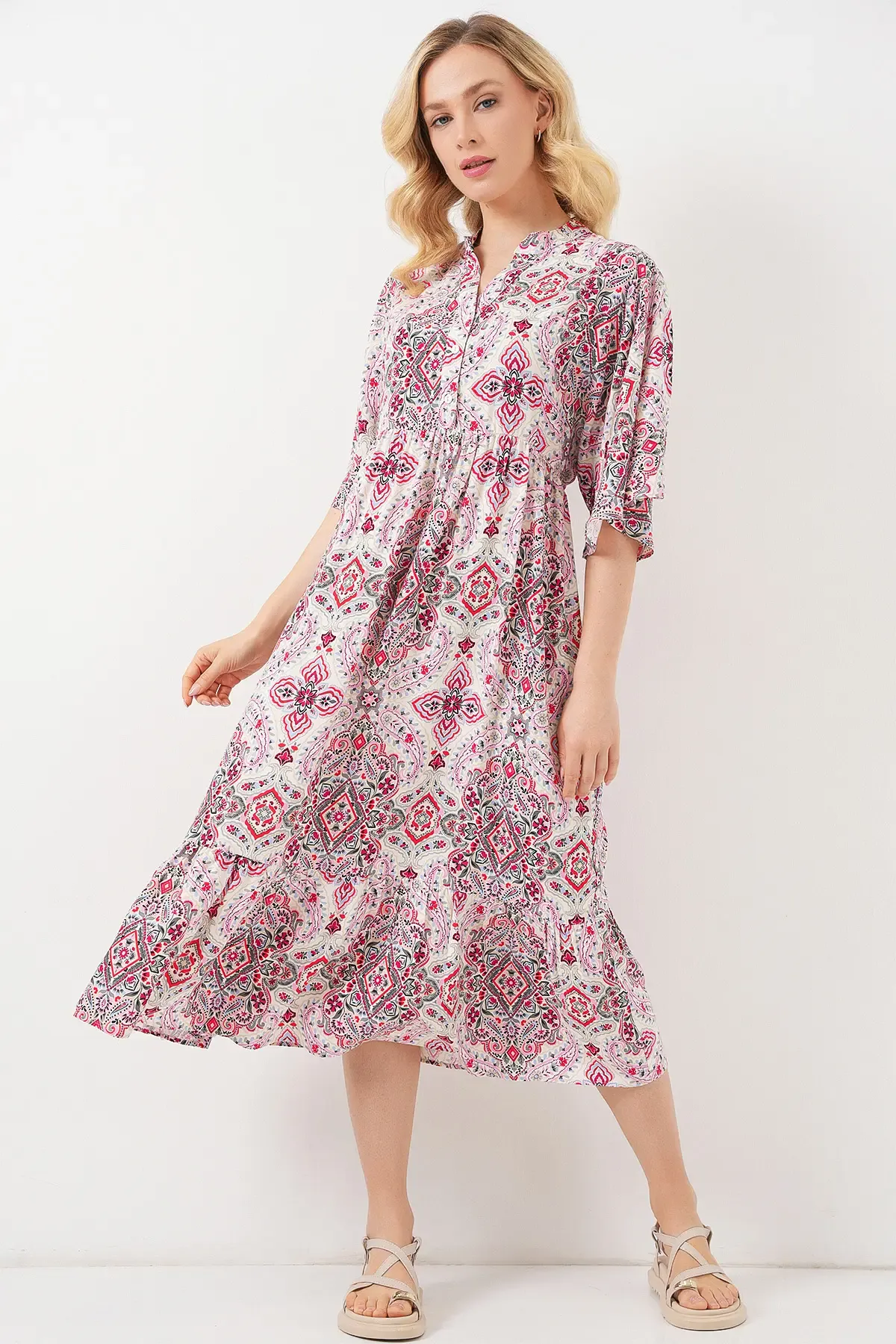 Kadın Desenli Kısa Kol Elbise 2562 - Kırmızı