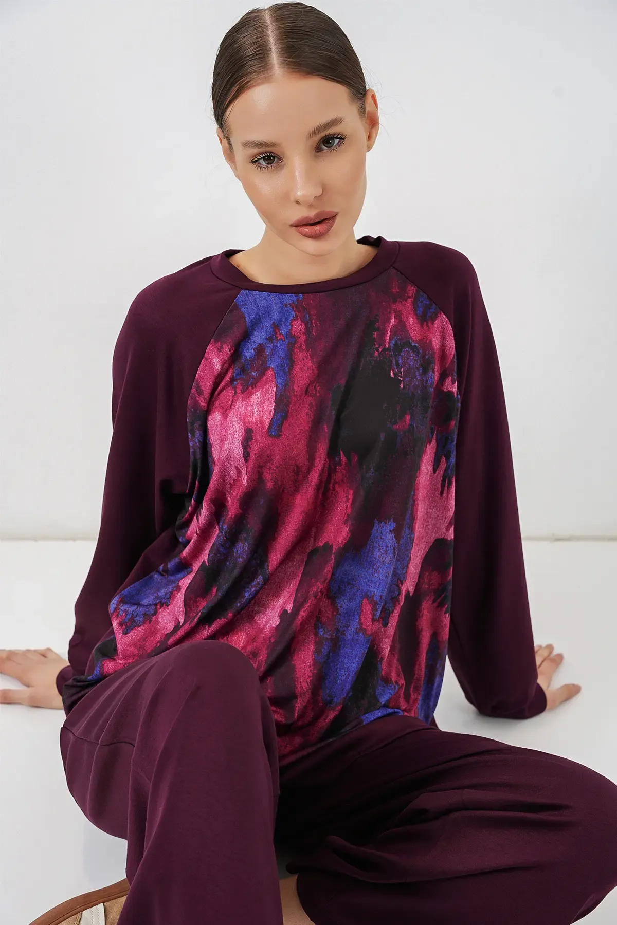 Kadın Desenli Oversize Tunik Pantolon İkili Takım 55462 - Mor