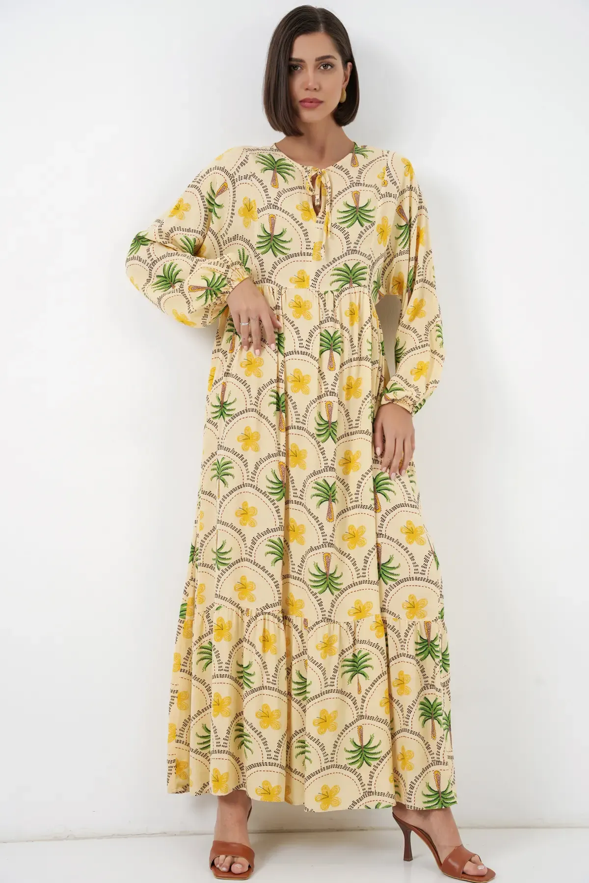 Kadın Desenli Tesettür Elbise 2594 - Sarı