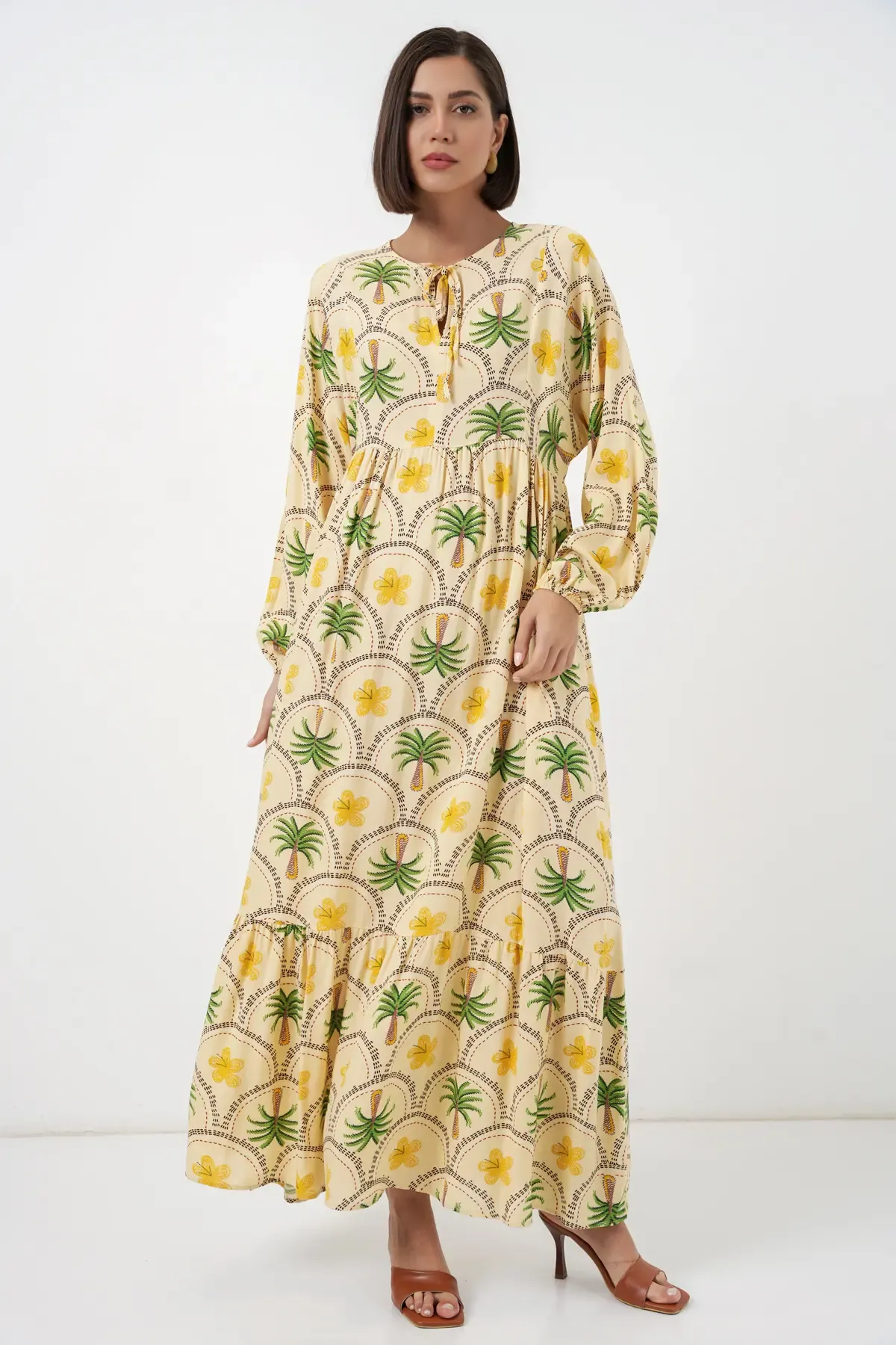 Kadın Desenli Tesettür Elbise 2594 - Sarı