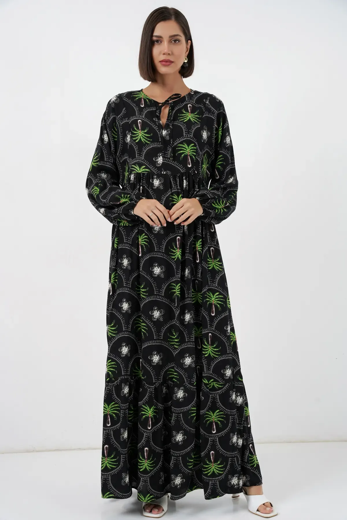 Kadın Desenli Tesettür Elbise 2594 - Siyah