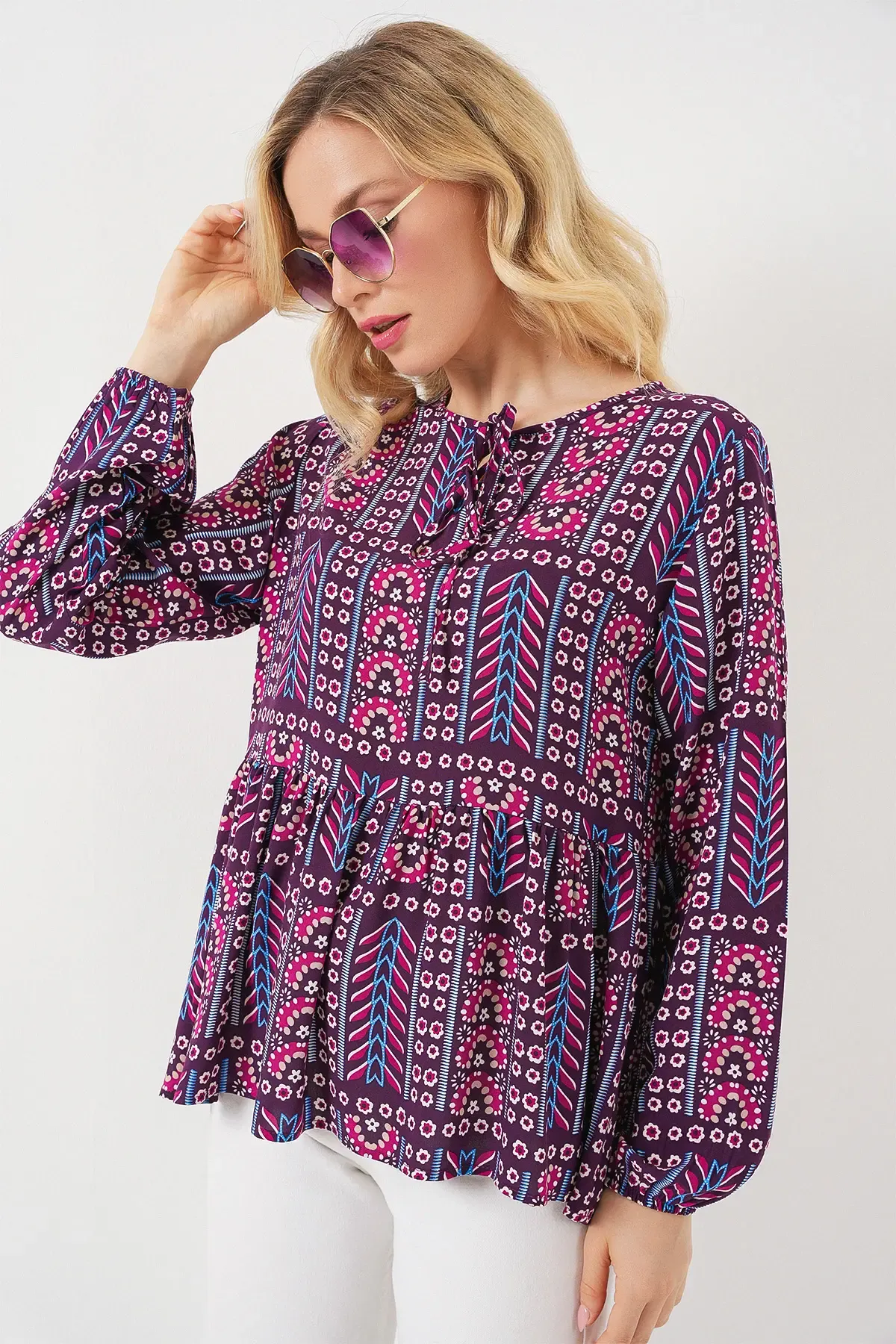 Kadın Desenli Uzun Kol Bluz 970 - Bordo