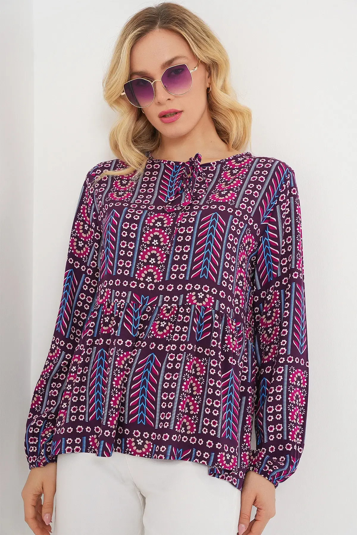 Kadın Desenli Uzun Kol Bluz 970 - Bordo