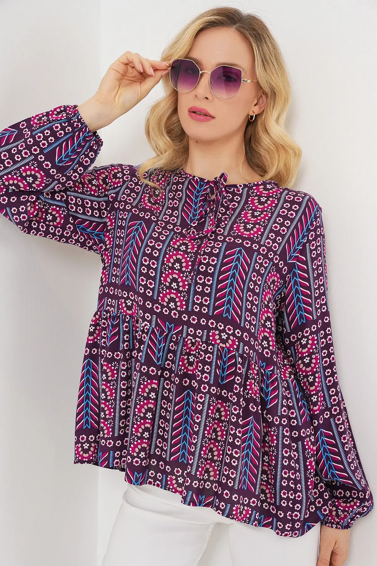 Kadın Desenli Uzun Kol Bluz 970 - Bordo