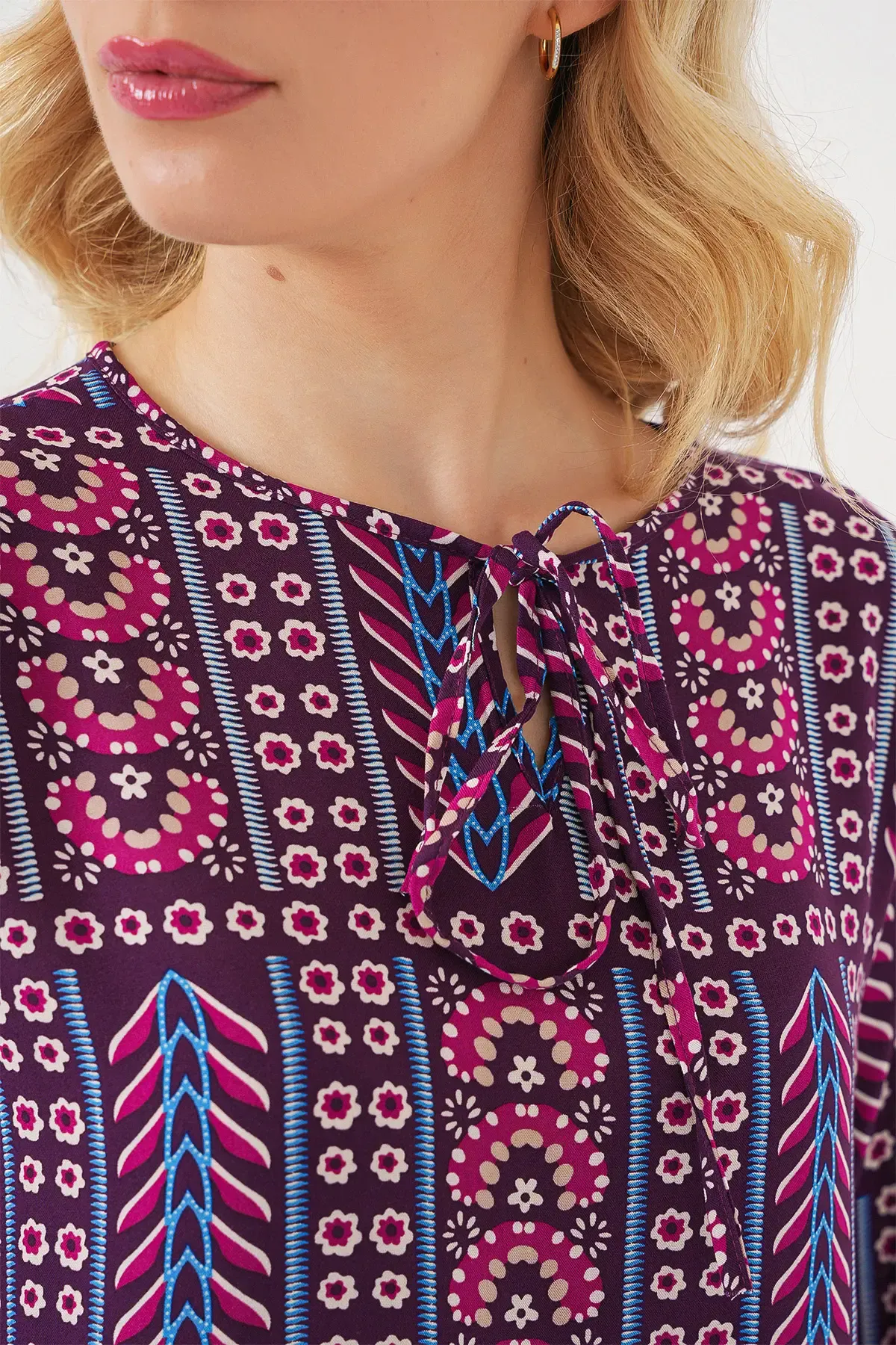 Kadın Desenli Uzun Kol Bluz 970 - Bordo