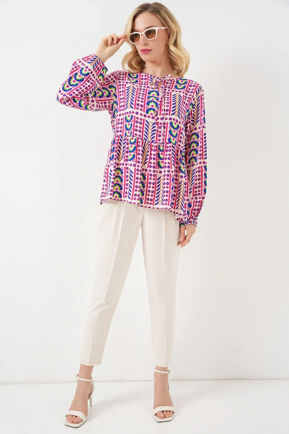 Kadın Desenli Uzun Kol Bluz 970 - Fuşya