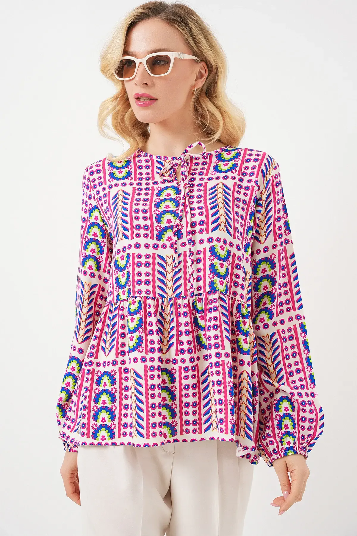 Kadın Desenli Uzun Kol Bluz 970 - Fuşya