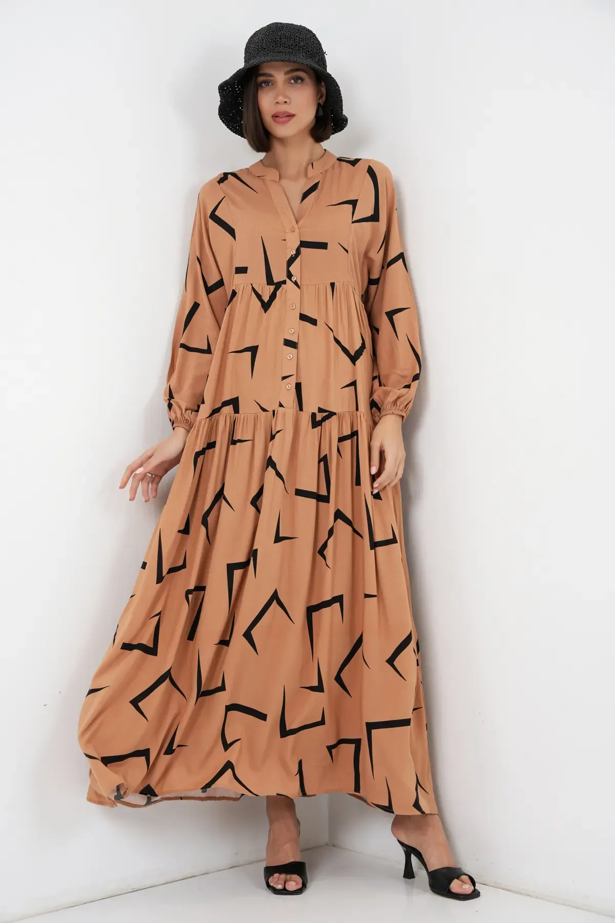 Kadın Desenli Uzun Tesettür Elbise 2585 - A. Vizon