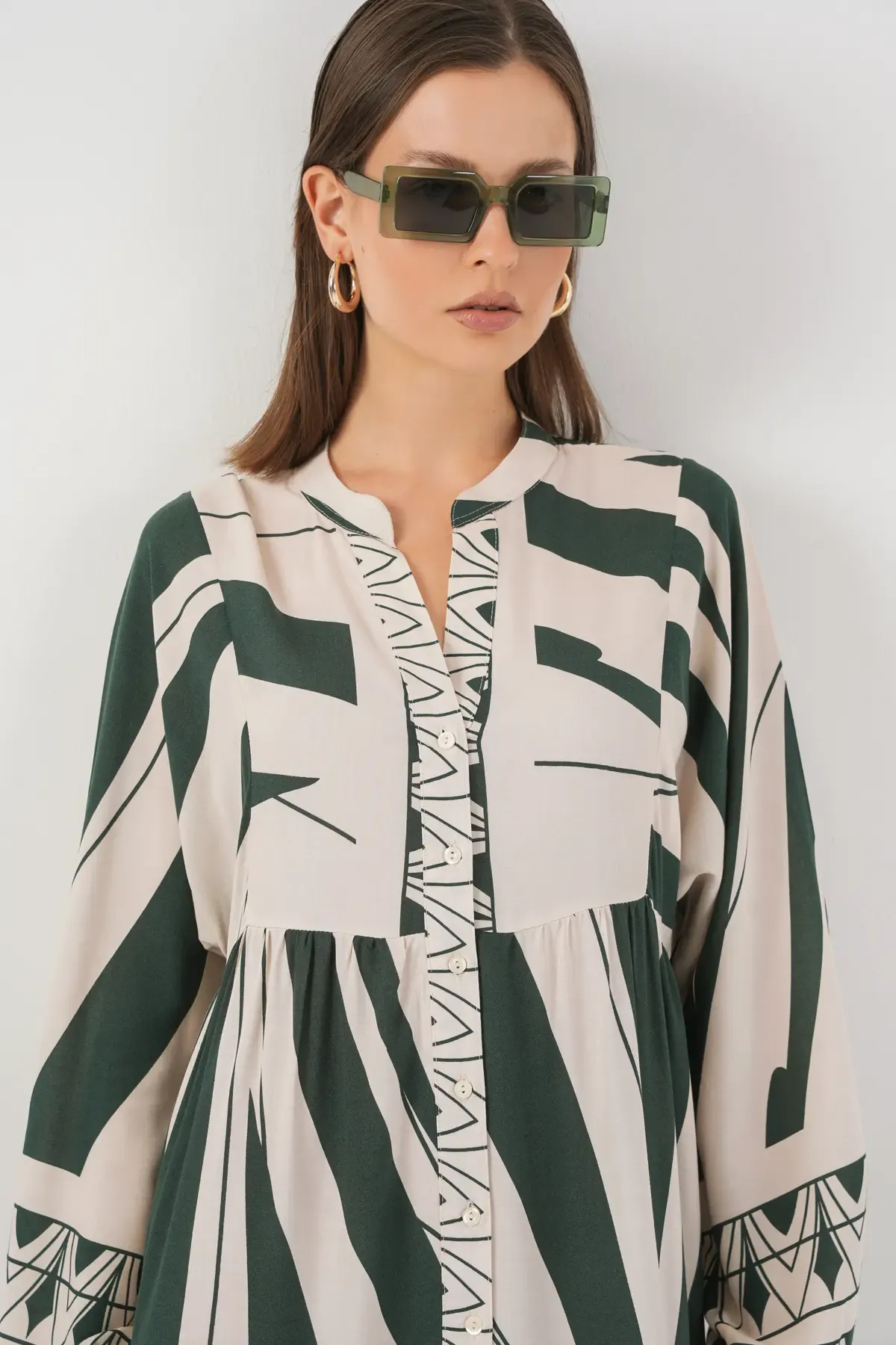 Kadın Desenli Uzun Tesettür Elbise 2585 - A. Zümrüt Yeşili