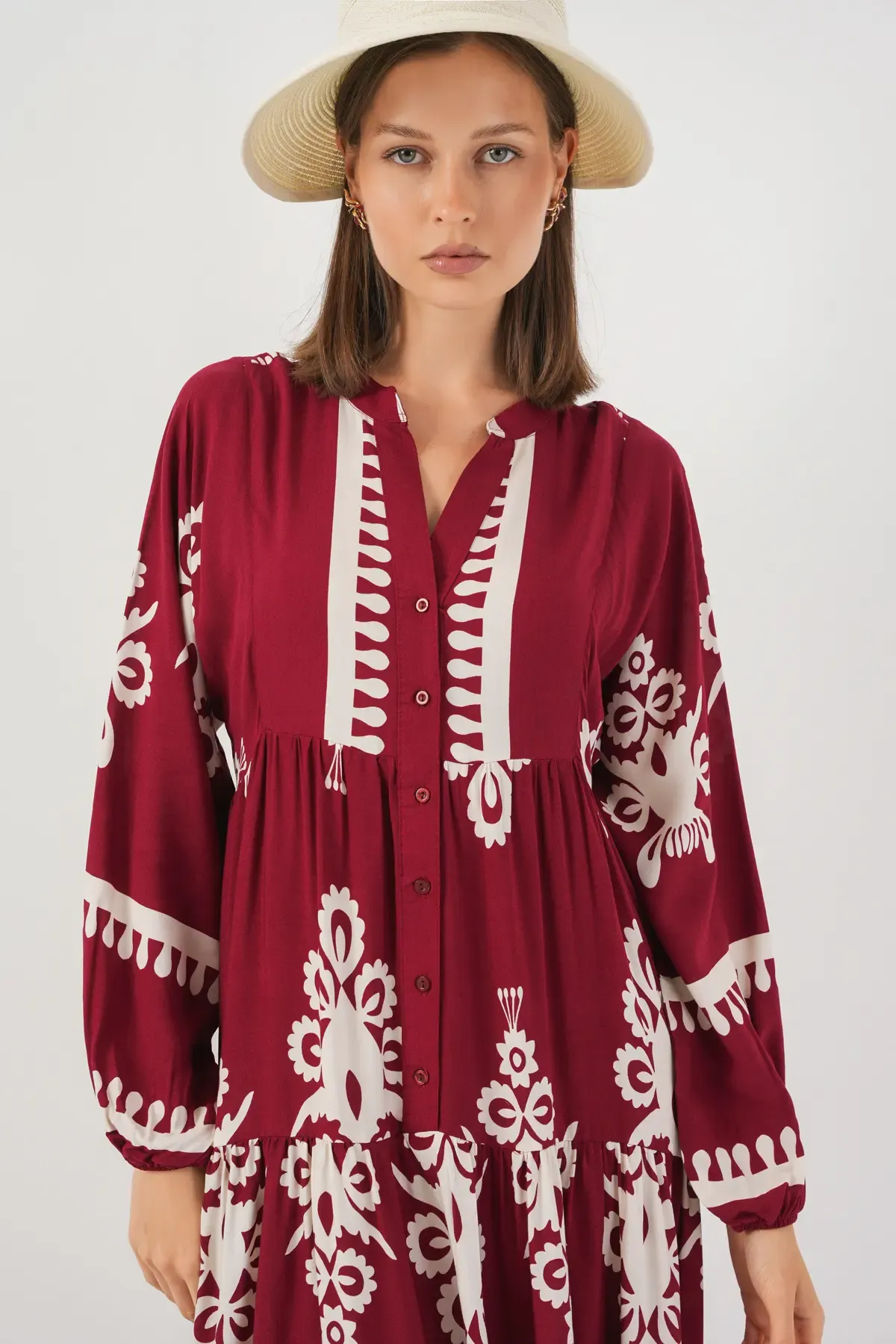 Kadın Desenli Uzun Tesettür Elbise 2585 - A.Bordo