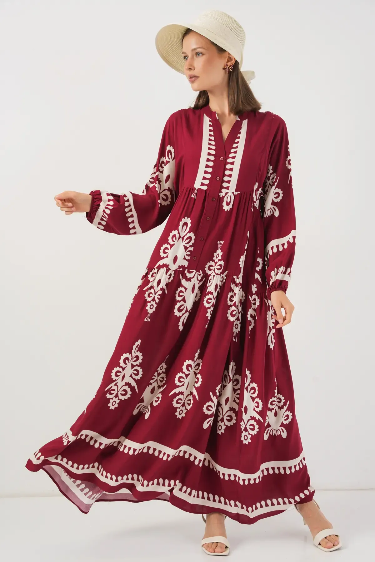 Kadın Desenli Uzun Tesettür Elbise 2585 - A.Bordo