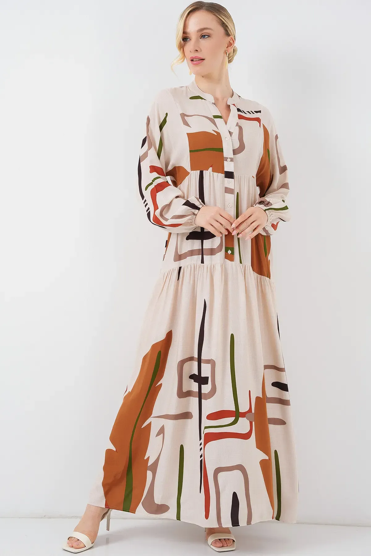 Kadın Desenli Uzun Tesettür Elbise 2585 - A.KREM