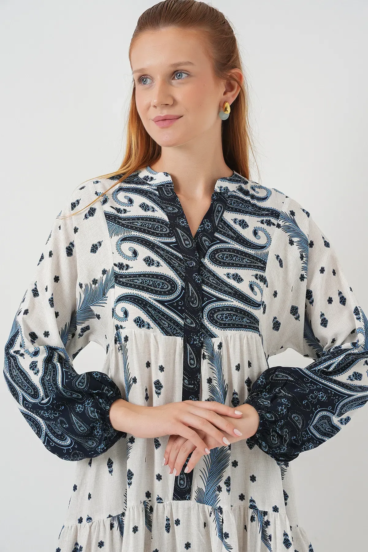 Kadın Desenli Uzun Tesettür Elbise 2585 - A.Lacivert