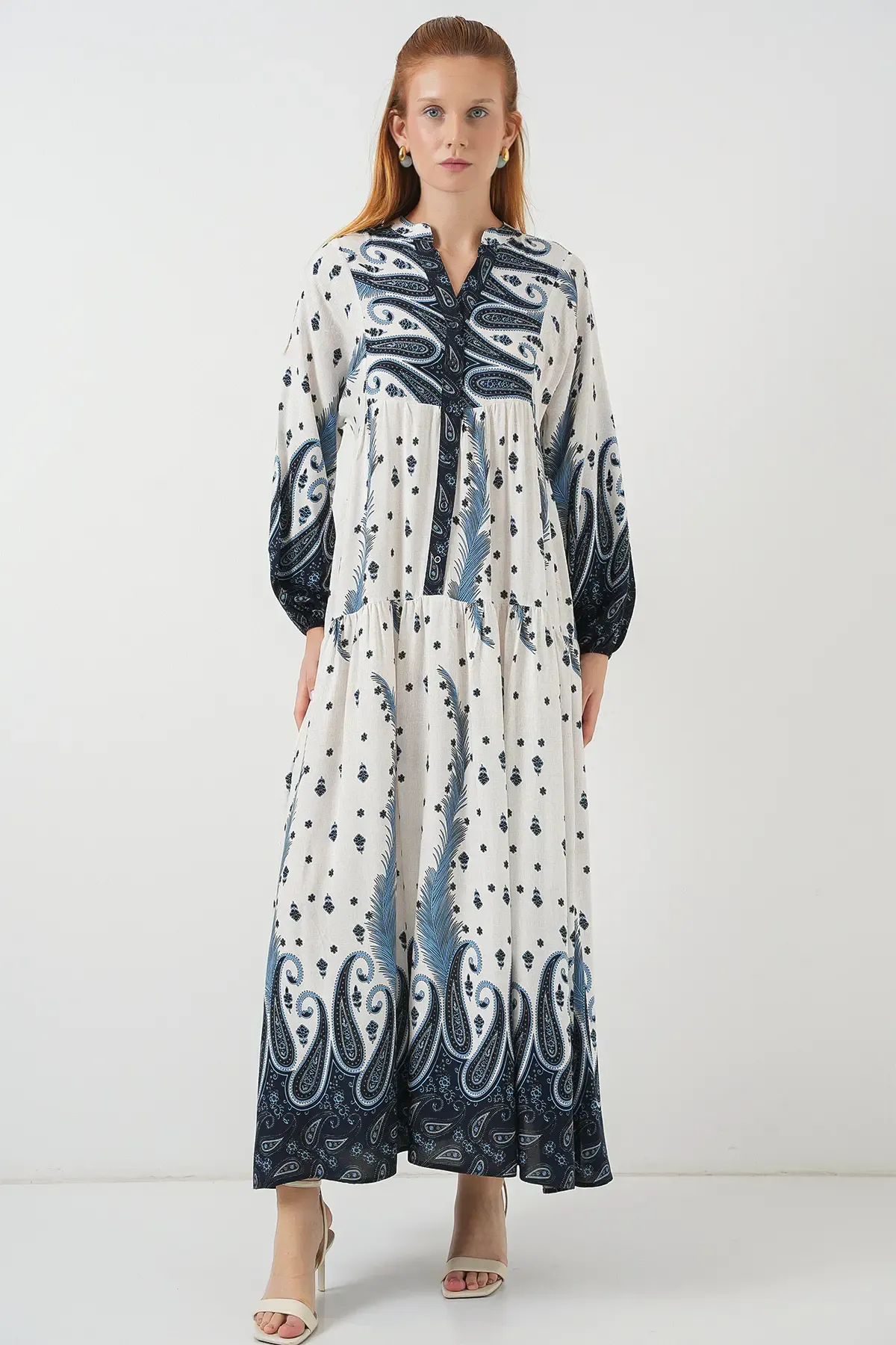 Kadın Desenli Uzun Tesettür Elbise 2585 - A.Lacivert