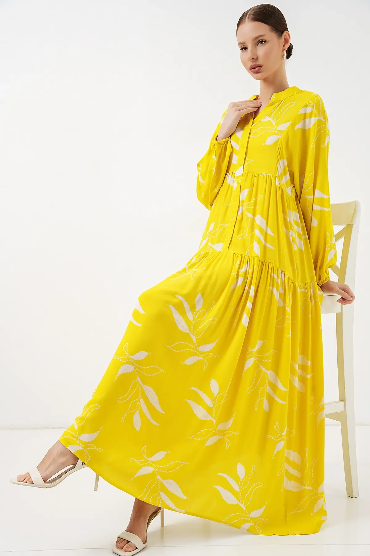 Kadın Desenli Uzun Tesettür Elbise 2585 - A.Sarı