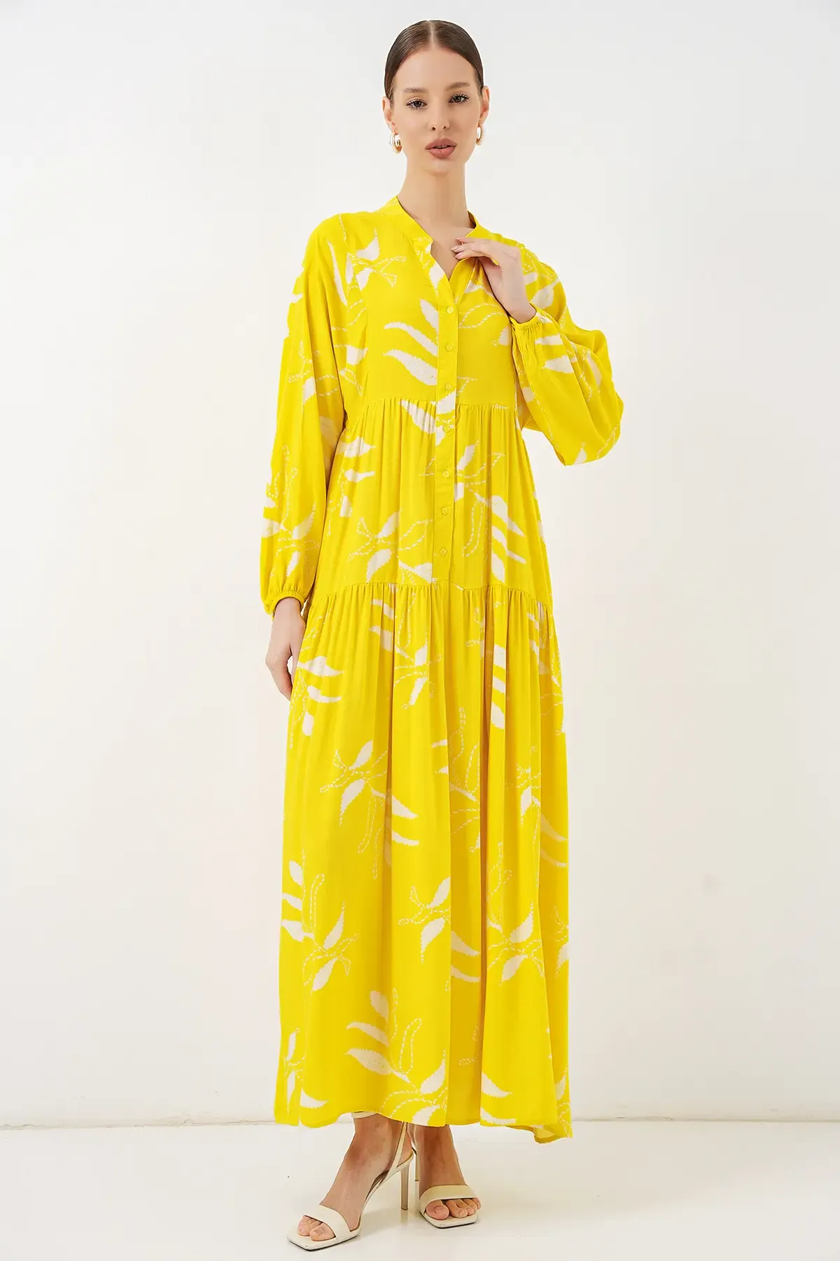 Kadın Desenli Uzun Tesettür Elbise 2585 - A.Sarı