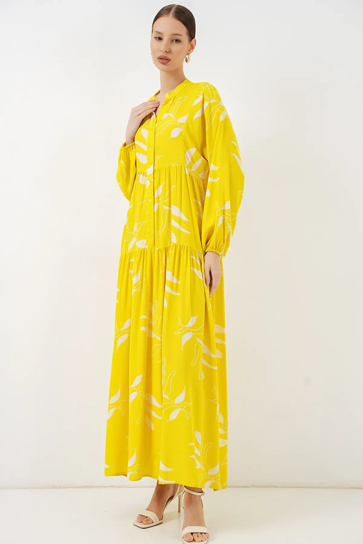 Kadın Desenli Uzun Tesettür Elbise 2585 - A.Sarı