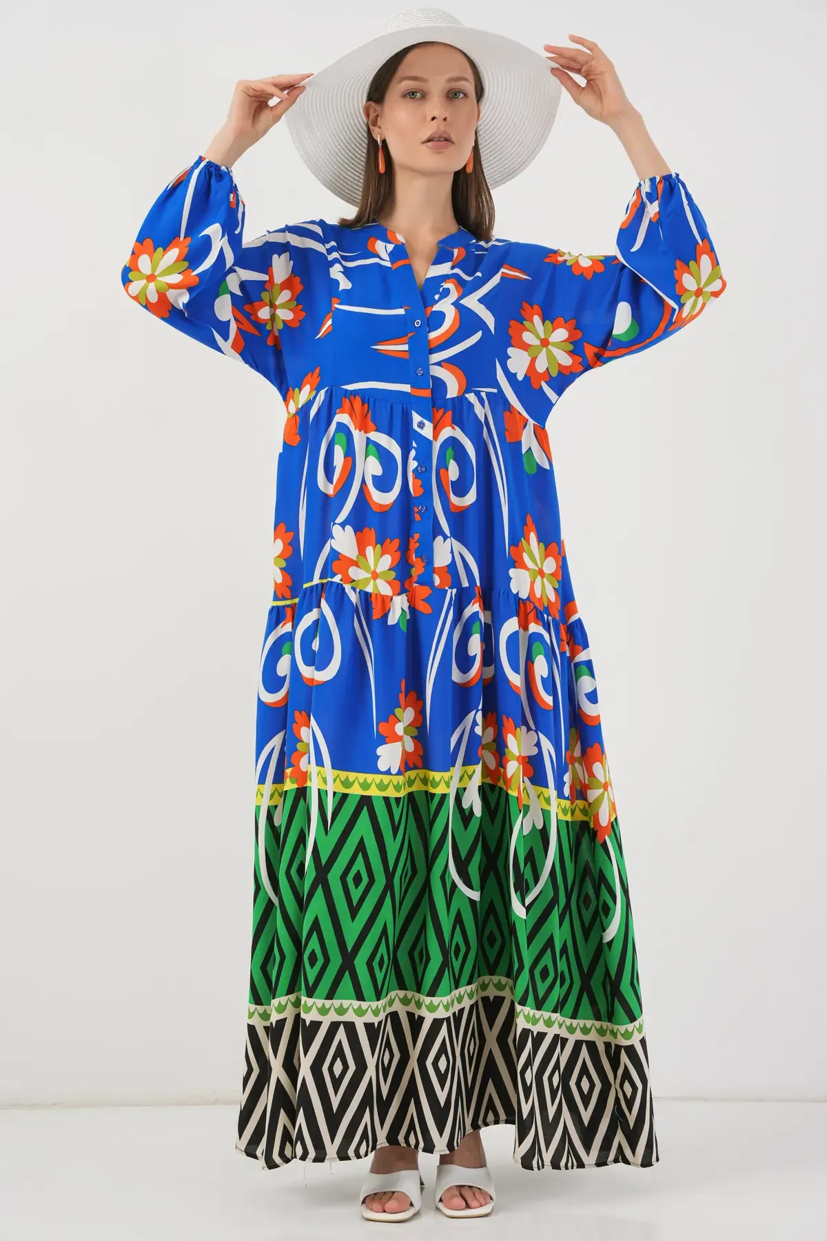 Kadın Desenli Uzun Tesettür Elbise 2585 - A.Turuncu