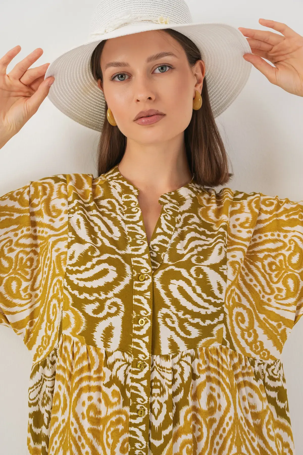 Kadın Desenli Uzun Tesettür Elbise 2585 - B. Hardal