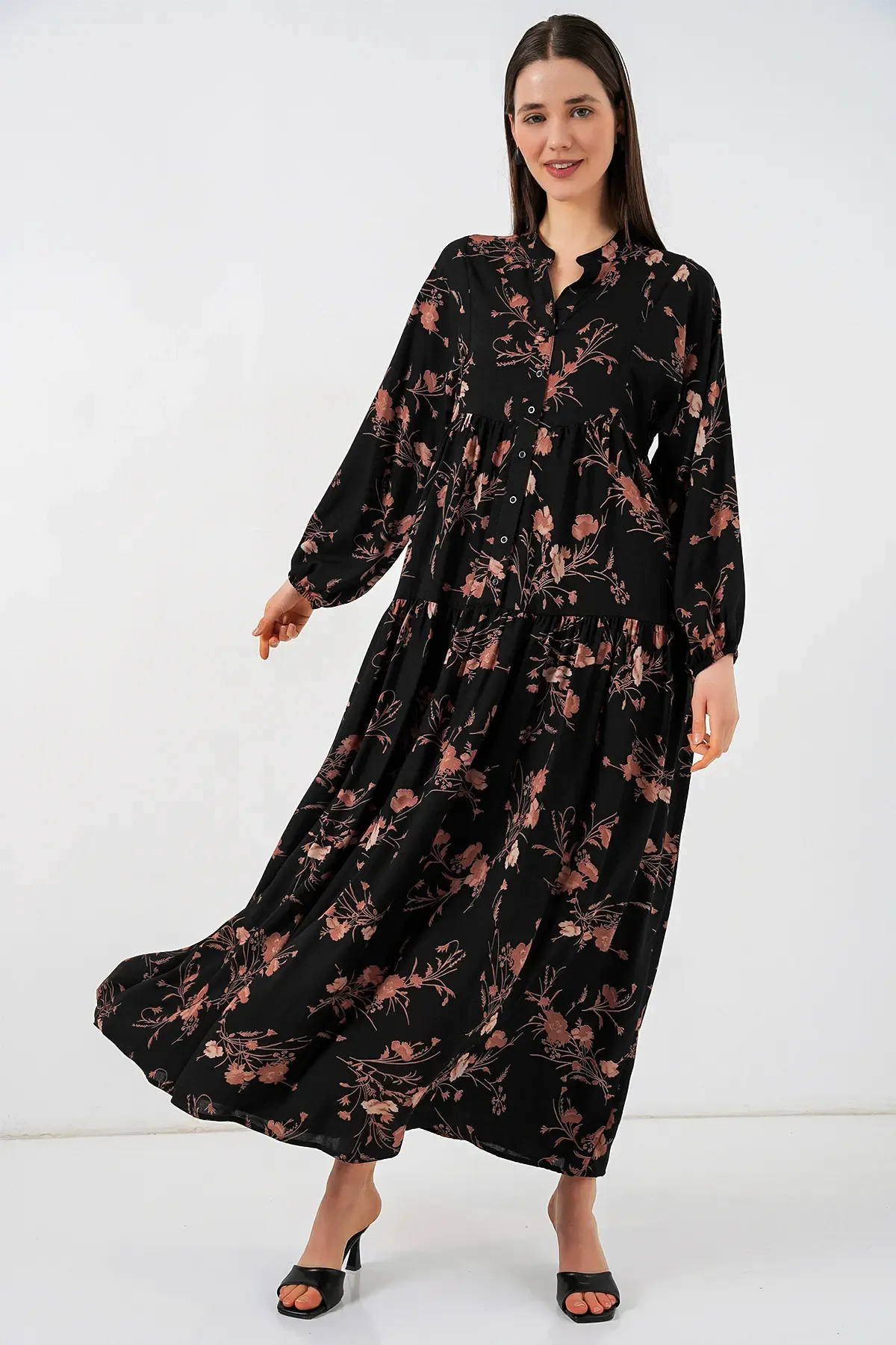 Kadın Desenli Uzun Tesettür Elbise 2585 - B. Siyah