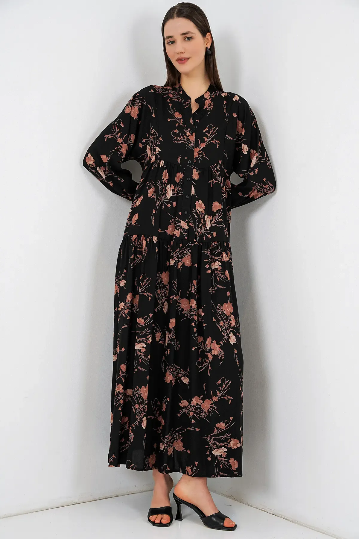 Kadın Desenli Uzun Tesettür Elbise 2585 - B. Siyah