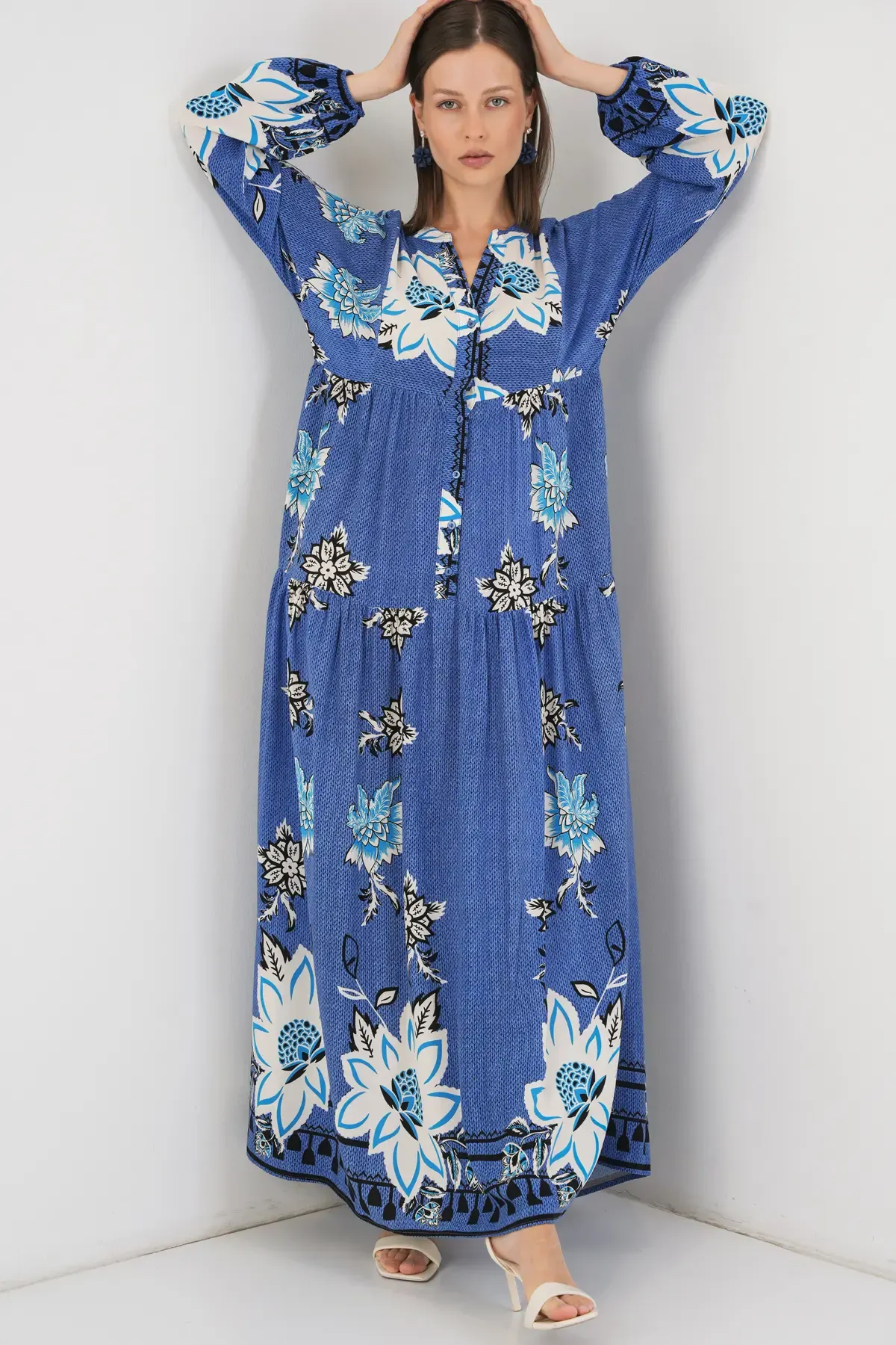 Kadın Desenli Uzun Tesettür Elbise 2585 - B.Mavi