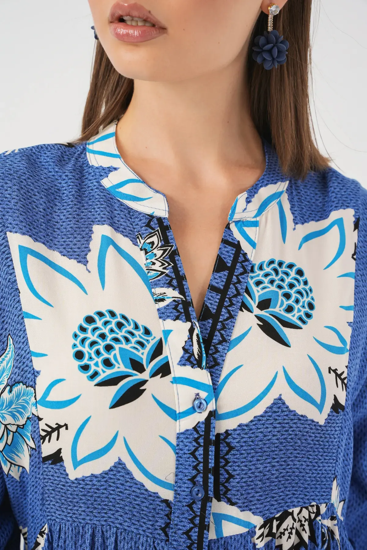 Kadın Desenli Uzun Tesettür Elbise 2585 - B.Mavi