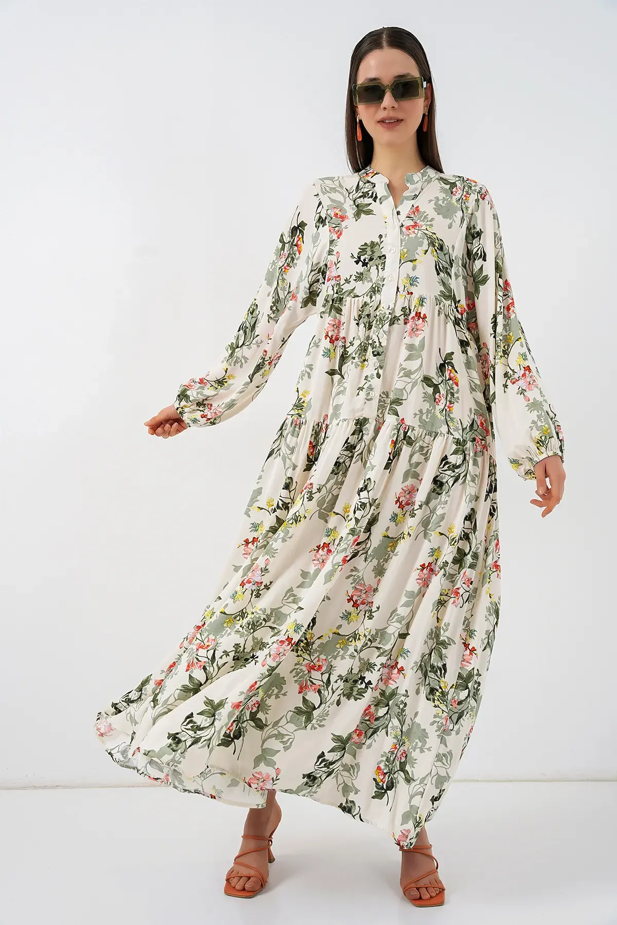 Kadın Desenli Uzun Tesettür Elbise 2585 - C. Çağla